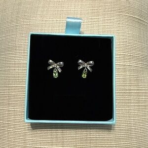 Sterling Silver Bow Earrings with Green Gemstone